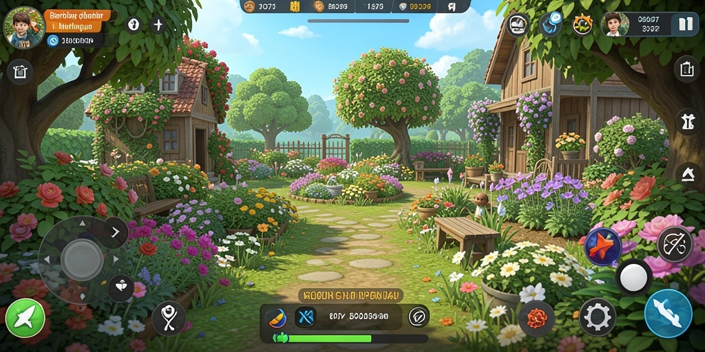 Screenshot dari gameplay COO77 yang menampilkan kebun yang indah.