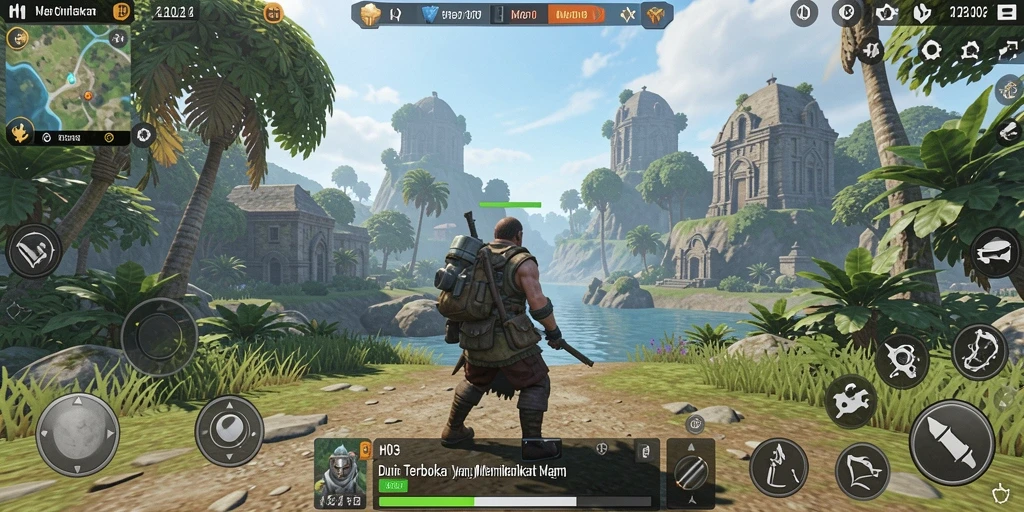 Screenshot gameplay H03 menampilkan eksplorasi dunia terbuka yang luas.