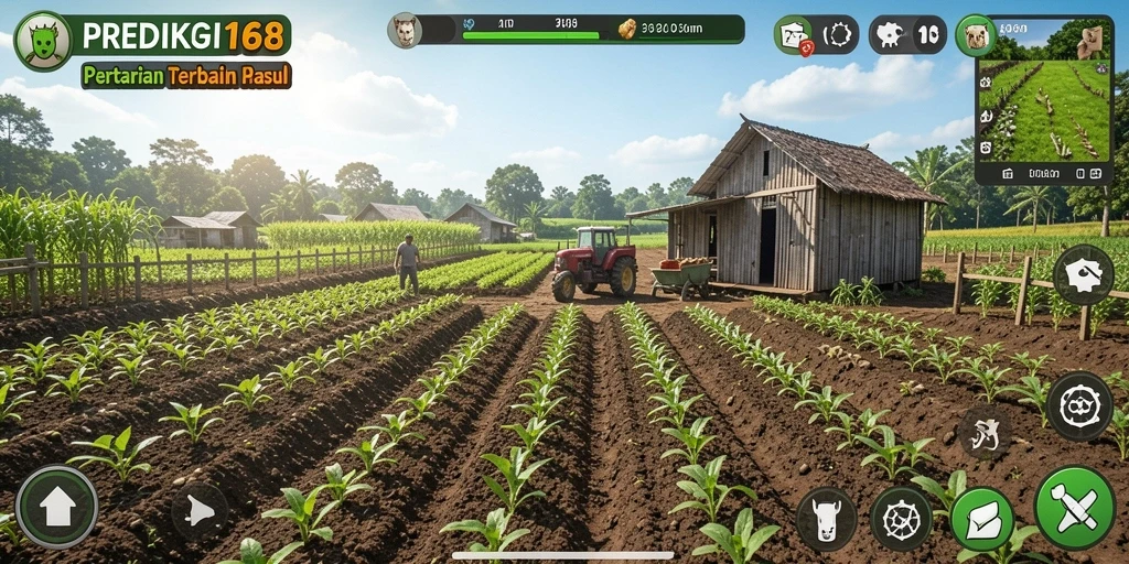 Tangkapan layar gameplay PREDIKSI168 menunjukkan kebun yang subur dan berbagai tanaman.
